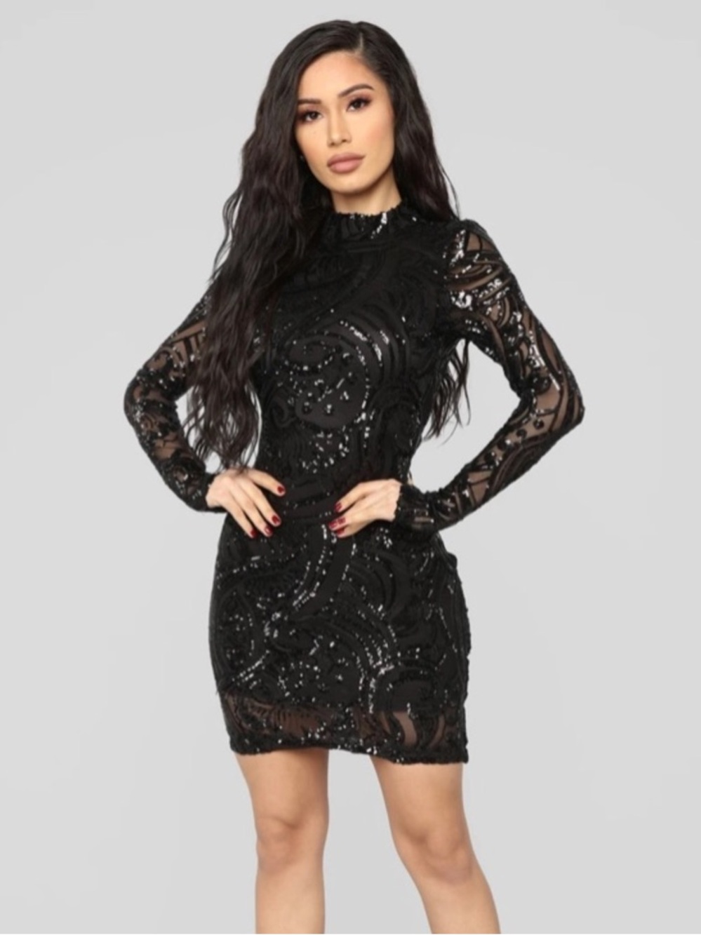 Fashion Nova Black Sequin Long-Sleeve Mini Dress